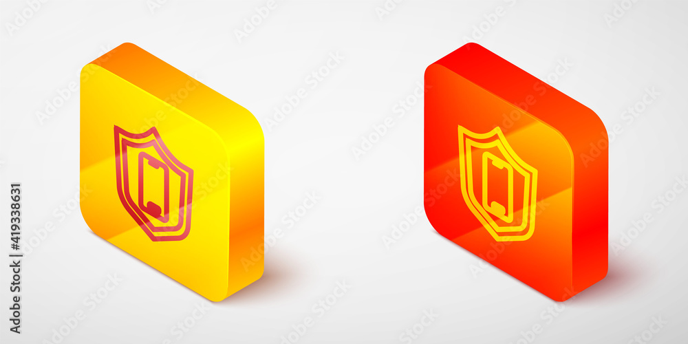 Isometric line Smartphone, mobile phone with security shield icon isolated on grey background. Security, safety, protection concept. Yellow and orange square button. Vector.