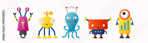 Set of cute vector robot characters for kids. Robotics and artificial intelligence