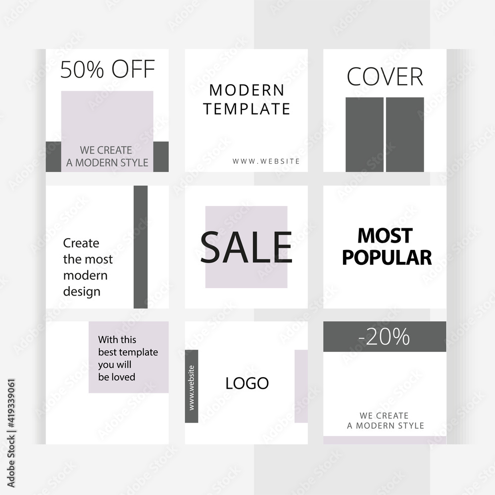 Set of editable square photo collage banners. Minimalist templates for social media posting and online advertising. Delicate gray color style. Trend vector illustration.
