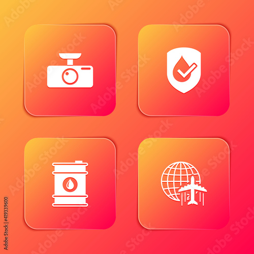 Set Car DVR, Waterproof, Barrel oil and Globe with flying plane icon. Vector.