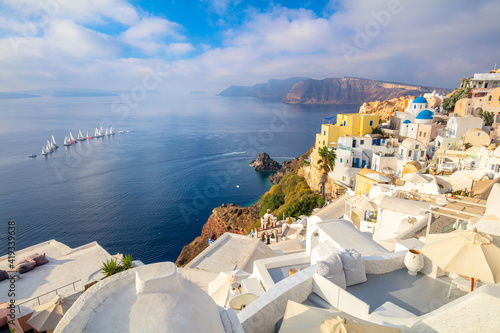 Good vacation. Panoramic view of Santorini. The famous town of Oia in the morning.