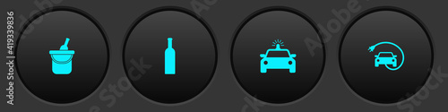 Set Bottle of wine in bucket, , Police car and flasher and Electric icon. Vector.