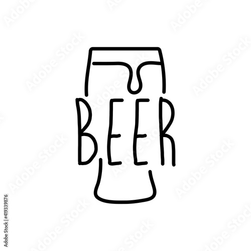 Logotipo con texto manuscrito Beer escrito a mano en silueta de vaso con espuma con lineas en color negro