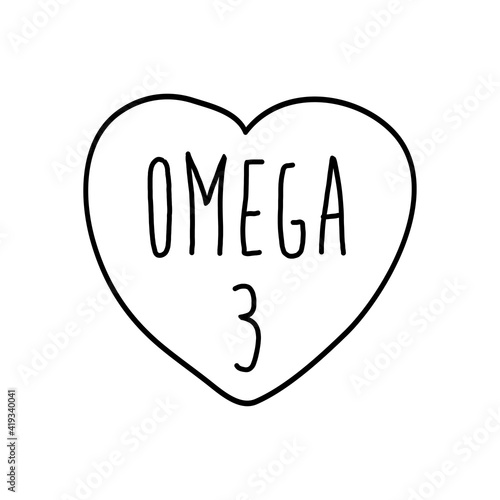 Logotipo con texto manuscrito Omega 3 escrito a mano en silueta de corazón con lineas en color negro