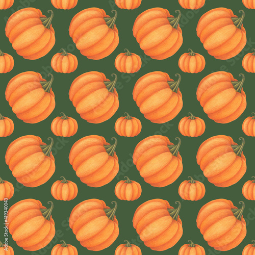 seamless pattern of detailed pumpkin on a dark. organic food, farmers market