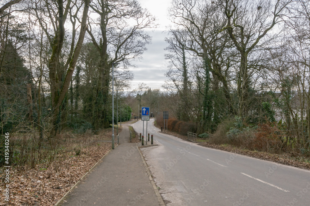 Scottish country Road with a Priority over oncoming vehicles sign on a two way road divided by Hazard warning lines in the centre of the road. Scottish country Road with a Priority over oncoming vehicles sign on a two way road divided by Hazard warning lines in the centre of the road.