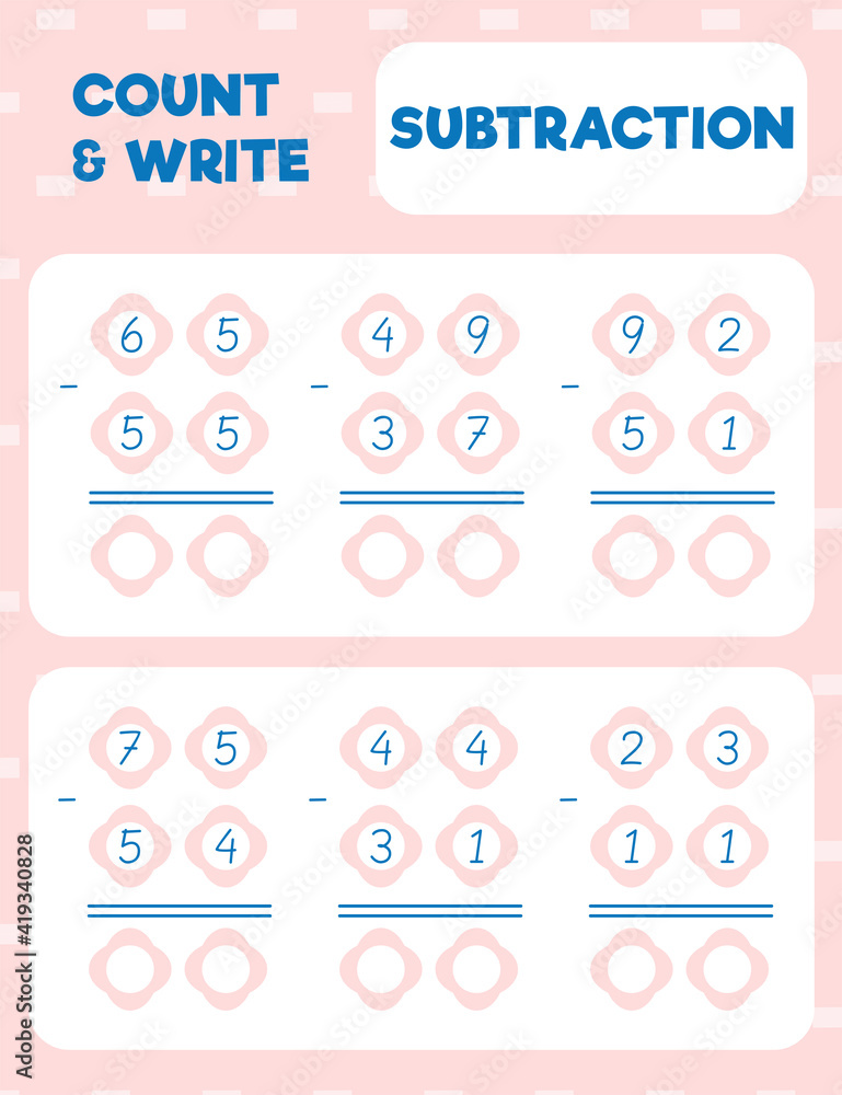 Math worksheet practice print page. Double digit subtraction. Column method. Count and write.