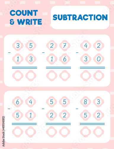 Math worksheet practice print page. Double digit subtraction. Column method. Count and write.