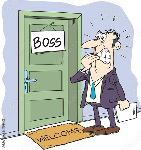 Worker man afraid enter boss office.  