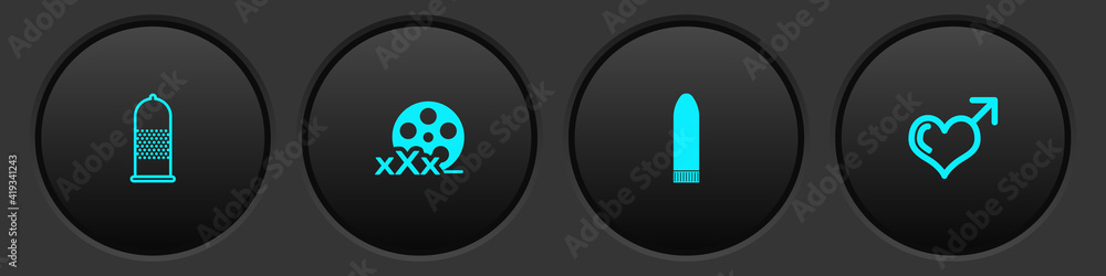 Set Condom safe sex, Film reel with Sex, Dildo vibrator and Male gender and heart icon. Vector. Set Condom safe sex, Film reel with Sex, Dildo vibrator and Male gender and heart icon. Vector.