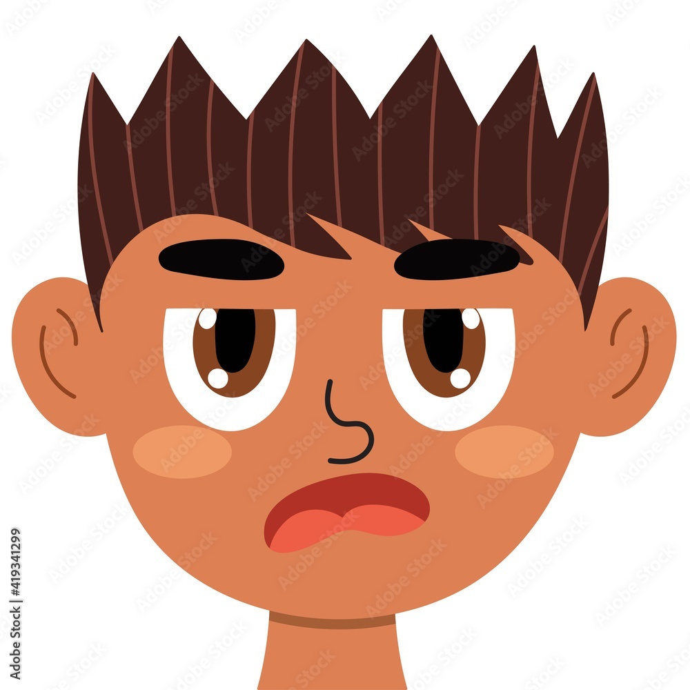 Jealous boy face. Little angry kid clipart. Envy emotion. Rage emotional expression head close-up. Feeling concept vector illustration Jealous boy face. Little angry kid clipart. Envy emotion. Rage emotional expression head close-up. Feeling concept vector illustration