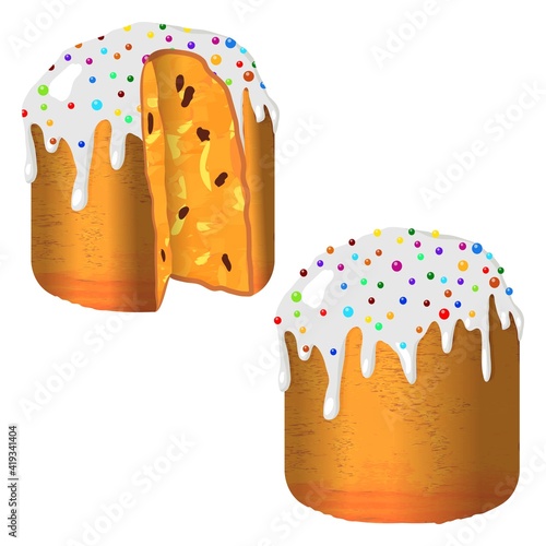 Happy Easter. Easter cake with glaze, colorful multi-colored decor. Traditional Russian Easter cake. Easter kulich. Spring holiday. Vector illustration