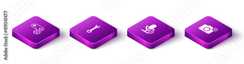 Set Isometric Gamepad service, Wrench, Microphone and Photo camera icon. Vector.