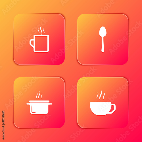 Set Coffee cup, Spoon, Cooking pot and icon. Vector.