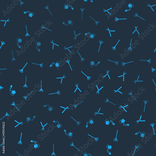 Set Watering can, Gardening handmade scissor, rake for leaves and on seamless pattern. Vector.