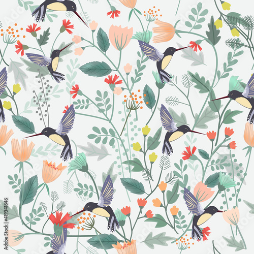 Humming bird in wild flower forest seamless pattern.