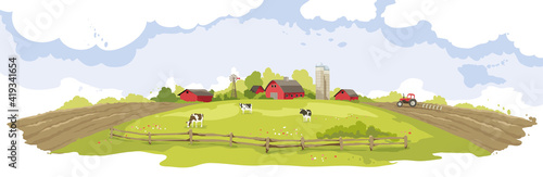 Abstract landscape -- american farm / Vector illustration, rural view -- fields and meadows, springtime.	