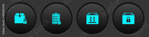 Set Locked package, Verification of delivery list, Cardboard box with traffic and icon. Vector.