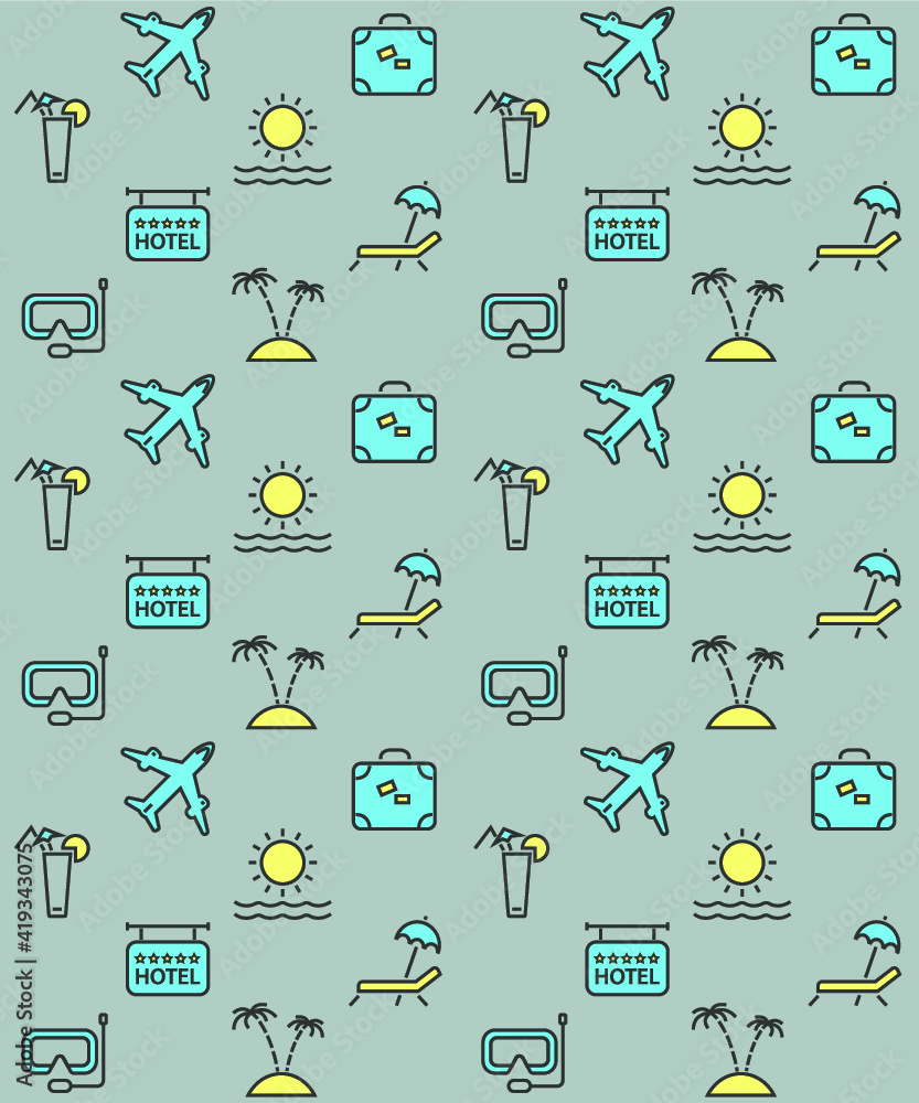 Fototapeta premium Vector background pattern with travel and vacation icons on grey. 
