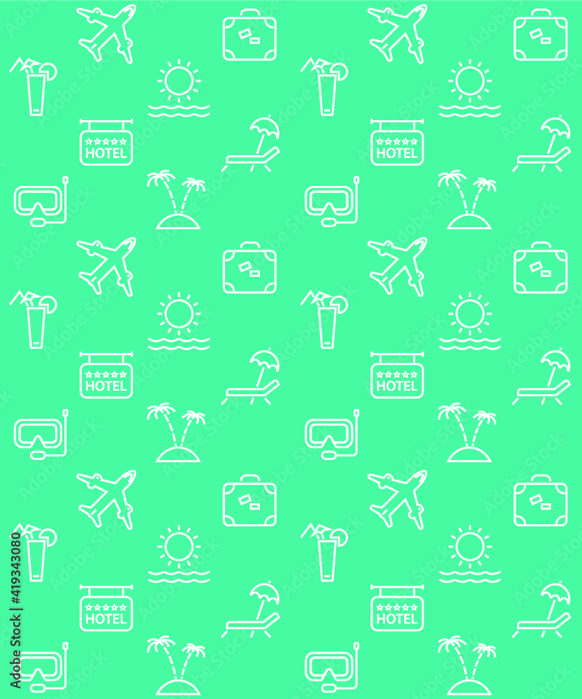 Vector background pattern with travel and vacation icons on green. Vector background pattern with travel and vacation icons on green.
