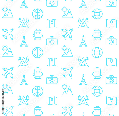 Vector background pattern with travel and vacation icons on white. 
