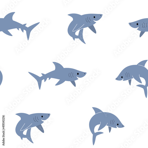 Simple seamless trendy pattern with shark. Flat design print on white background.