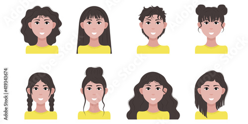 Set of girls with different black color hairstyles. Vector illustration.