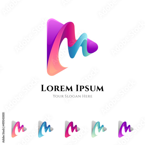 Letter M media play logo concept with multiple gradient color