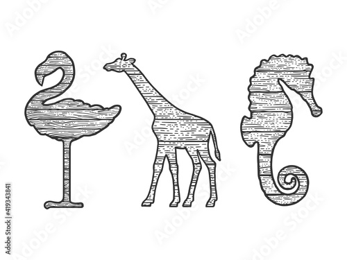 wooden animals set flamingo giraffe seahorse silhouette sketch engraving vector illustration. T-shirt apparel print design. Scratch board imitation. Black and white hand drawn image.
