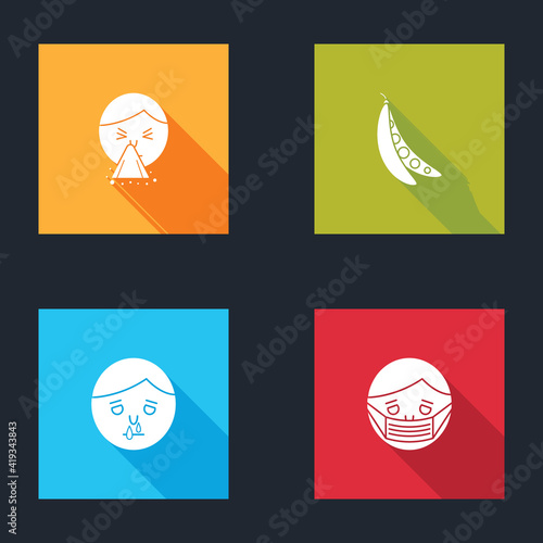 Set Handkerchief to his runny nose, Kidney beans, Runny and Face in protective mask icon. Vector.