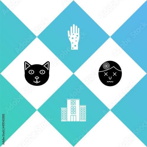 Set Pet, Medical hospital building, Hand with psoriasis or eczema and Man having headache icon. Vector.