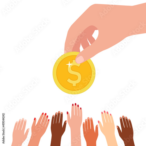 Big hand shares, gives money to people in need, charity. People focused on money, reward money. Monetary motivation, aspiration, goal, competition in work. Hope and goal is finance. Vector