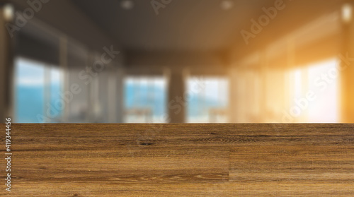 Background with empty table. Flooring. Modern office Cabinet. 3D rendering. Meeting room. Sunset.