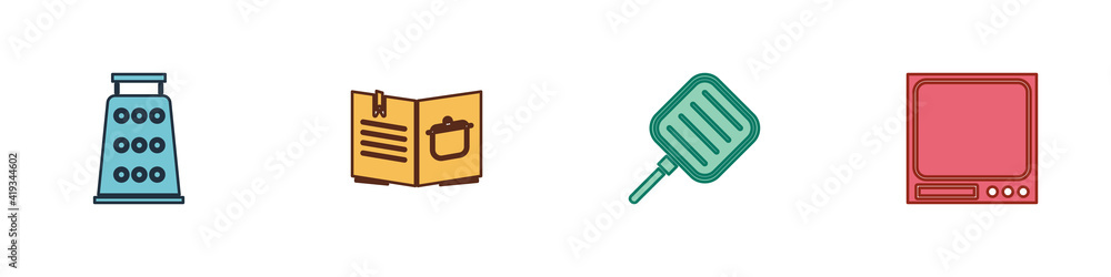 Set Grater, Cookbook, Frying pan and Electronic scales icon. Vector. Set Grater, Cookbook, Frying pan and Electronic scales icon. Vector.