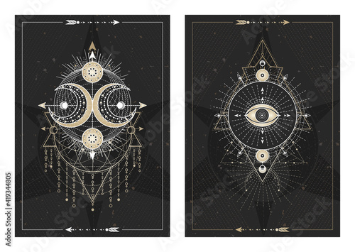 Vector dark illustrations with sacred geometry symbols, grunge textures and frames. Images in black, white and gold.
