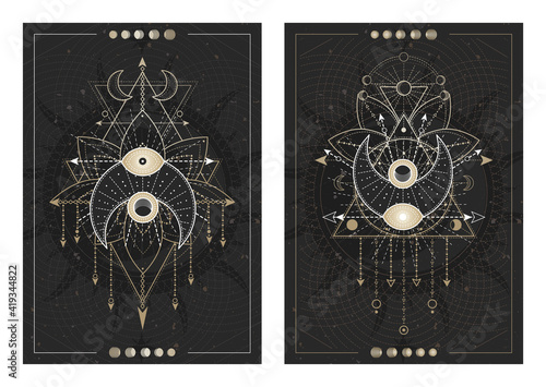 Vector dark illustrations with sacred geometry symbols, grunge textures and frames. Images in black, white and gold.