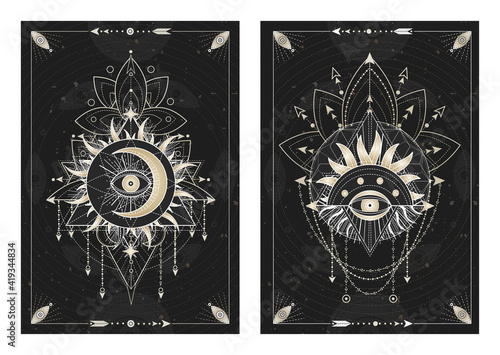 Vector dark illustrations with sacred geometry symbols, grunge textures and frames. Images in black, white and gold.