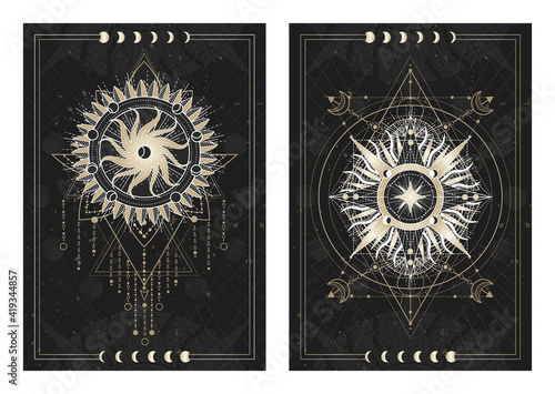 Vector dark illustrations with sacred geometry symbols, grunge textures and frames. Images in black, white and gold.