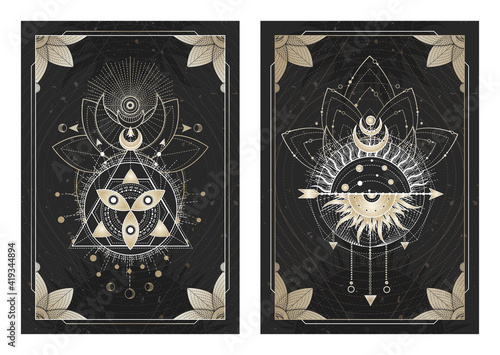 Vector dark illustrations with sacred geometry symbols, grunge textures and frames. Images in black, white and gold.