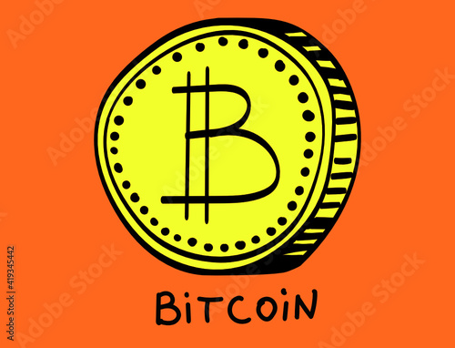 Hand-drawn bitcoin in a humorous style. A yellow coin on an orange background with the word "bitcoin" at the bottom.