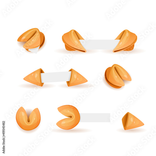 Chinese fortune cookies flat food vector cartoon set isolated white background photo-realistic. Fortune cookies with blank paper template. open and closed chinese fortune cookies. Vector illustration