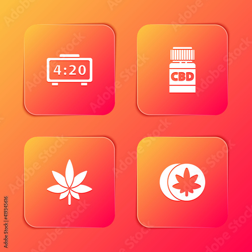Set Digital alarm clock, Medical bottle with cannabis, Marijuana or leaf and Herbal ecstasy tablets icon. Vector.