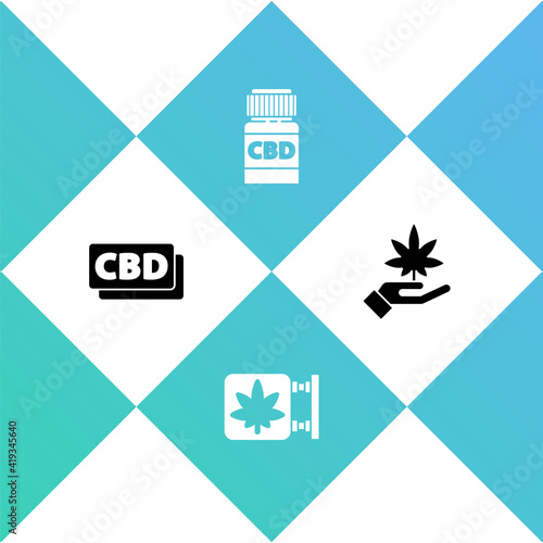 Set Cannabis molecule, Marijuana and cannabis store, Medical bottle with and leaf icon. Vector.