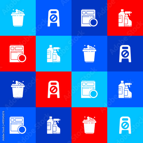 Set Bucket with soap suds, Wet floor and cleaning in progress, Kitchen dishwasher machine and Bottles for agent icon. Vector.