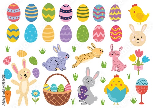 Cute Easter elements collection. Ester bunny, chicks, egg, basket and tulips. Spring funny clipart for kids design. Vector illustration
