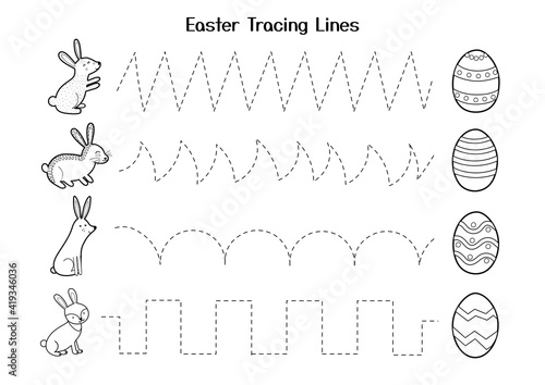 Easter tracing lines worksheet for kids. Handwriting practice activity page. Develop motor skills cute game for school and preschool. Vector illustration