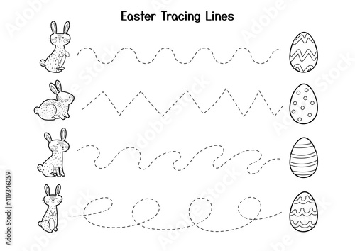 Easter tracing lines worksheet for kids. Handwriting practice activity page. Develop motor skills cute game for school and preschool. Vector illustration