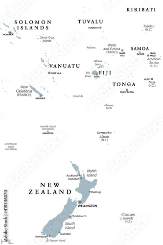 New Zealand and southern Polynesia, gray political map with capitals. Solomon Islands, Vanuatu, Fiji, Tonga, Samoa and New Caledonia. Islands in the South Pacific Ocean. English. Illustration. Vector.