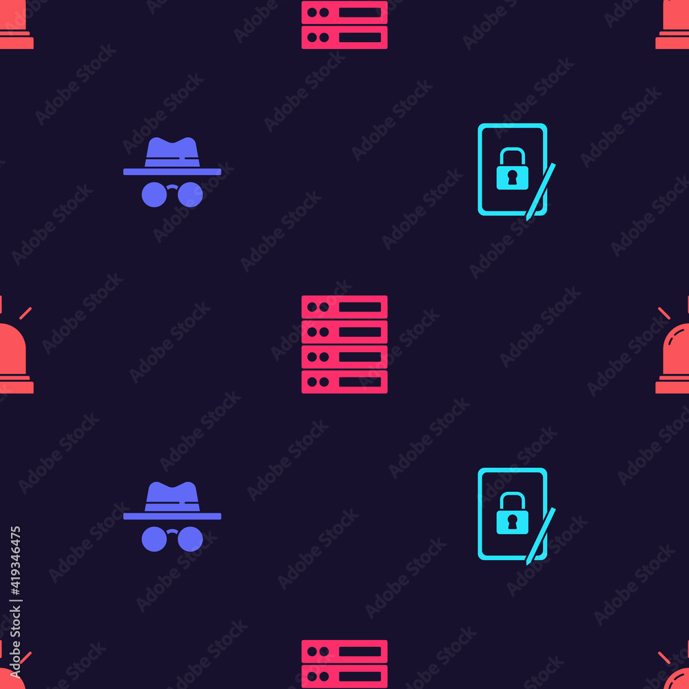 Set Tablet with closed padlock, Incognito mode, Server, Data, Web Hosting and Motion sensor on seamless pattern. Vector. Set Tablet with closed padlock, Incognito mode, Server, Data, Web Hosting and Motion sensor on seamless pattern. Vector.