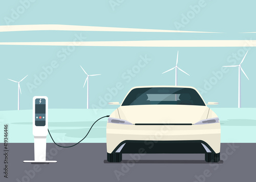 Electric car on the background of an abstract landscape and wind turbines. Vector flat style illustration.